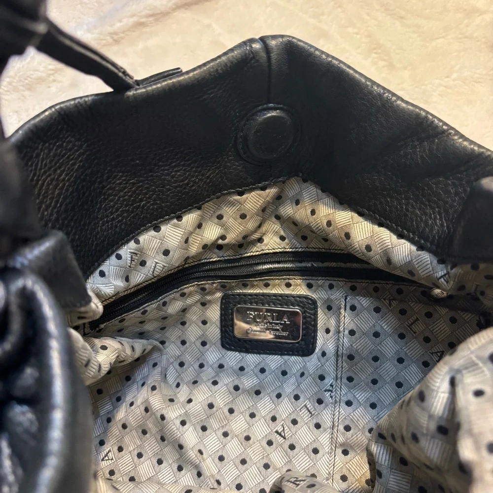 Vintage Furla REHAB Bag Black Leather Hobo Bag braided Trim magnetic snap close